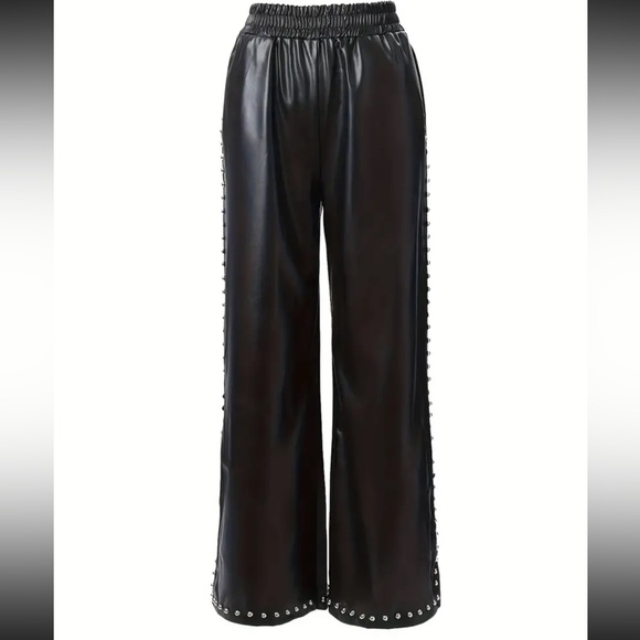 NEW WOMENS ELASTIC WAIST FAUX LEATHER PANTS SIZE MEDIUM - Picture 3 of 6
